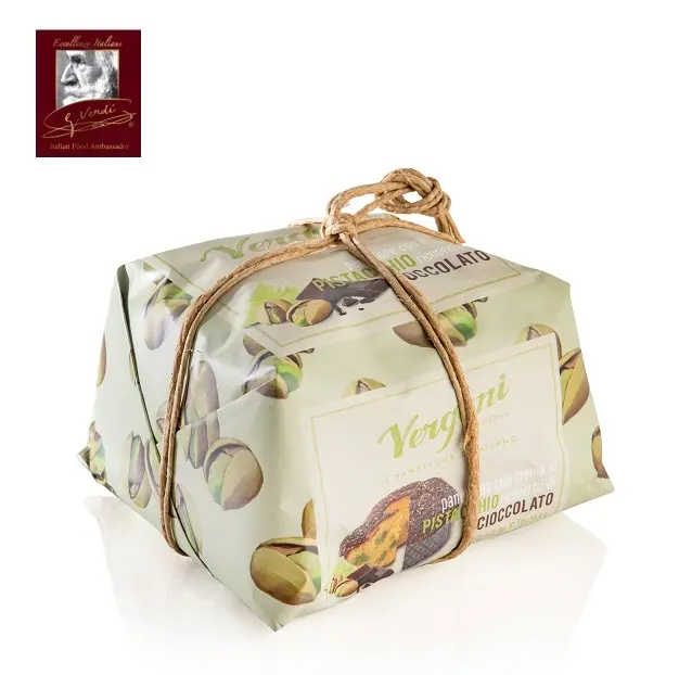 750g PANETTONE FILLED WITH PISTACHIO CREAM WITH PLAIN CHOCOLATE & DECORATED PISTACHIOS GRAINS-COCOA NIBS GVERDI Selection Italy