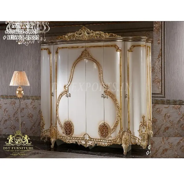 Eleganter hand gefertigter Kleider schrank mit sechs Türen Luxuriöser Kleider schrank im italienischen Stil mit Carving French Golden Wardrobe Almirah