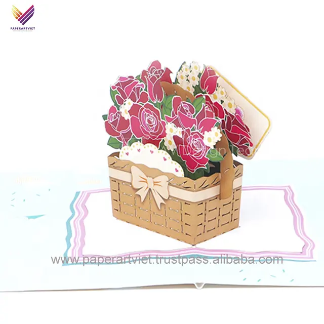 Tarjetas de Felicitación 3D/cesta de rosas pop-up tarjetas/papel hecho a mano con tarjeta de Navidad de alta calidad