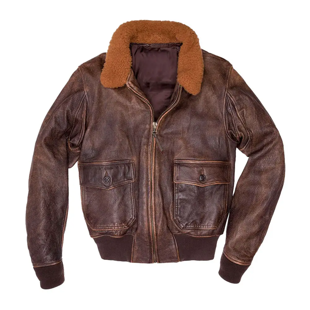 Men's Flight brown distressed Real Leather Jacket bomber pilot fur collar leather jacket