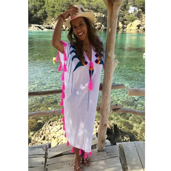 Marka yeni sıcak satış Neon pembe oyalamak bir adet plaj Coverup Kaftan için kız giyim el yapımı püskül kenar Maxi elbise