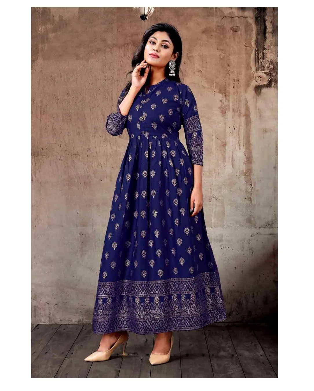 Abito da donna lungo in Rayon con stampa a lamina lunga Kurti Anarkali/abiti anarali abiti/lavoro manuale anaral di royel export