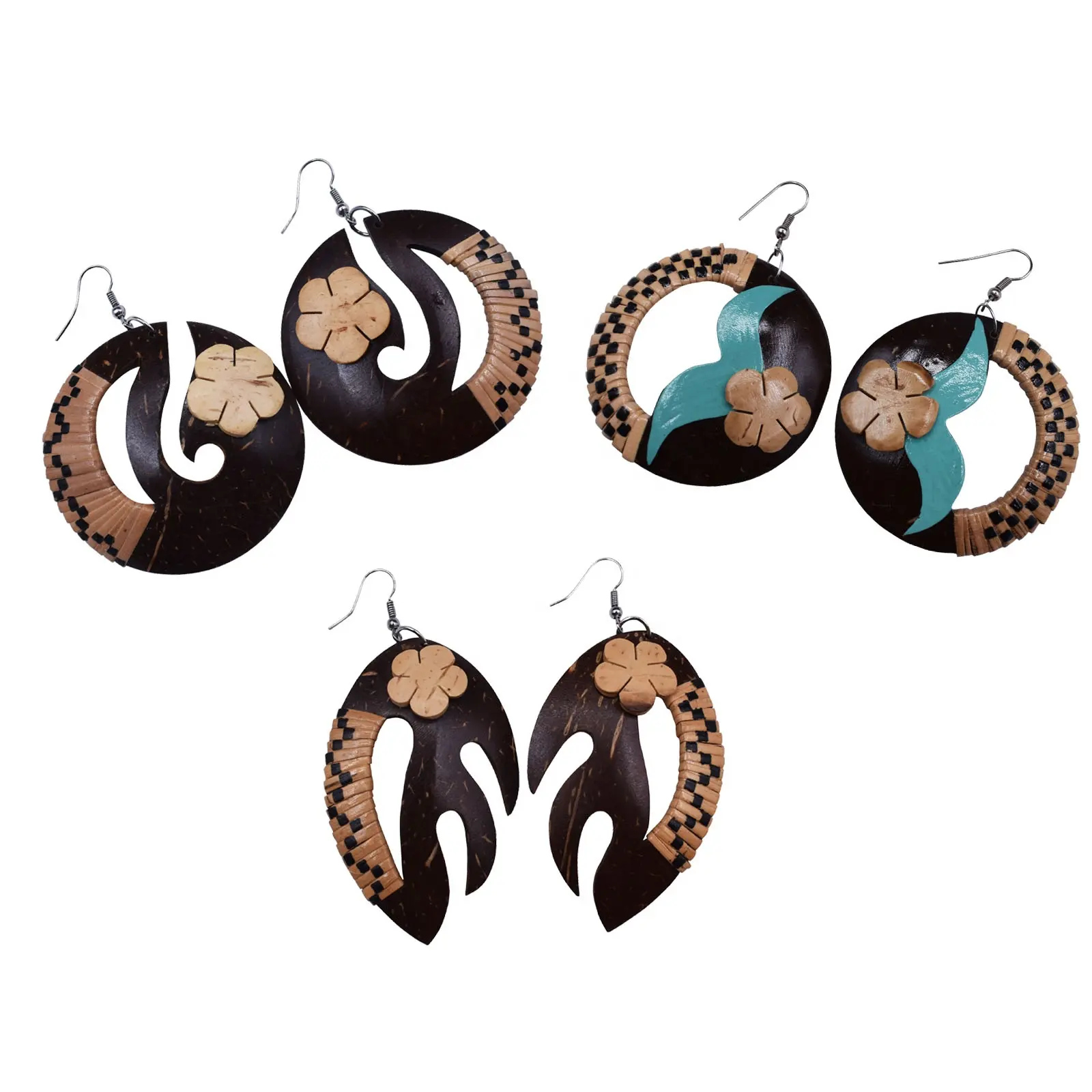 Joyería hawaiana geométrica de moda para mujer, venta al por mayor, pendientes de coco de madera naturales tallados a mano.