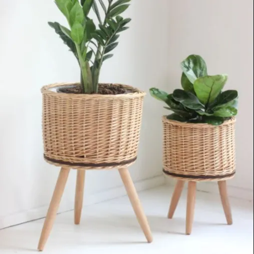 Set de 2 pots de fleurs en rotin de haute qualité, support en bois pour plantes, support en osier, couleur naturelle, vente en gros