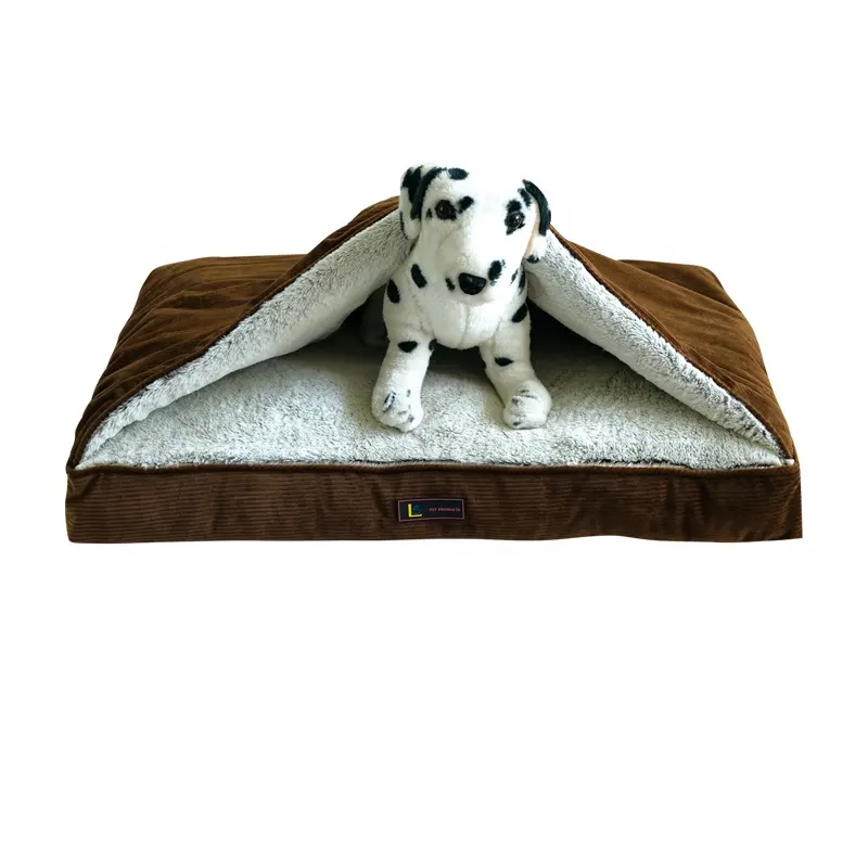 LS peppy buddies new design corduroy dog bed luxury plush bed with zipper and with blanket hood on top for winter