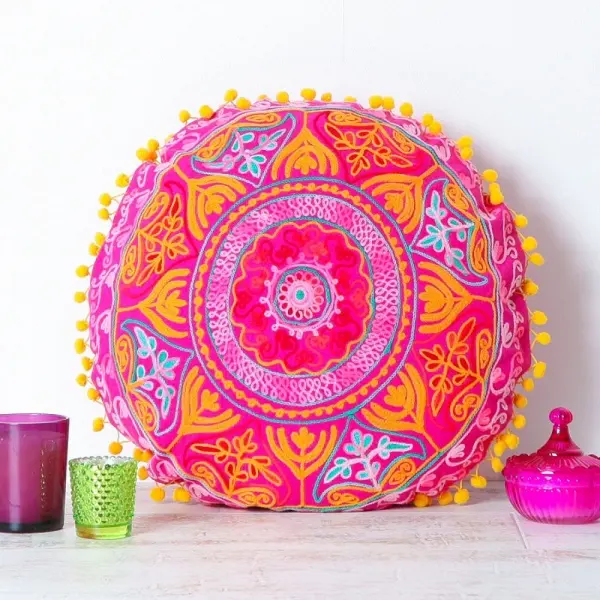 Recém Chegada Casa Decorativo De Luxo Atacado Handmade Indiano Rosa Brilhante Cor Aari Bordados Capa de Almofada Redonda
