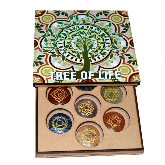 Caja de regalo impresa con Árbol de la vida, conjunto de 7 Discos de chakras, caja de regalo impresa con 7 Discos de chacra, venta al por mayor