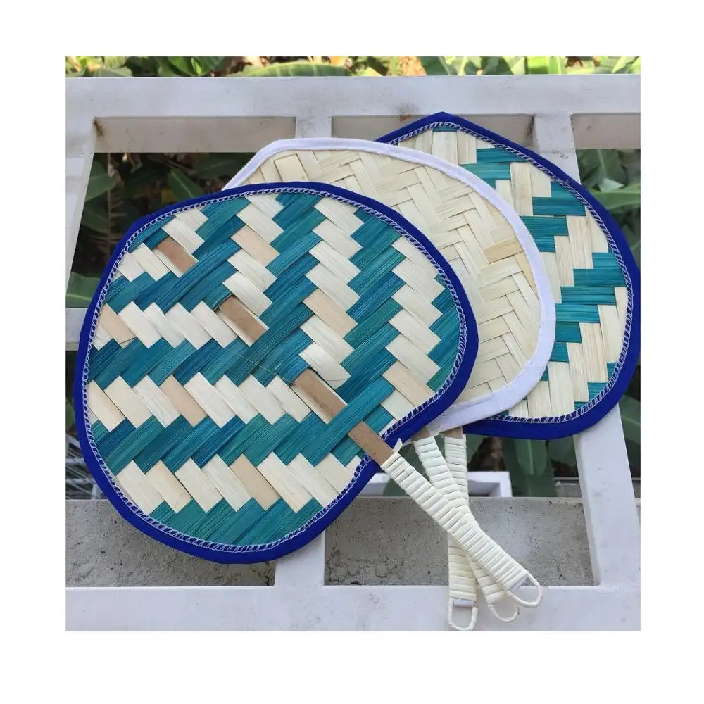 New Idea for Home Decoration Set of 3 Hand-woven Bamboo Fan dyed blue Klein and natural - H 36 cm