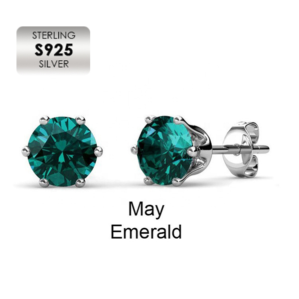 Boucles d'oreilles à tige en argent S925 avec émeraude - Pierre de naissance de mai