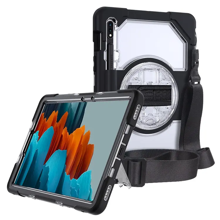 Silicone 360 Rotating Stand Transparent Tablet Case For Samsung Galaxy Tab S7 With Shoulder Strap