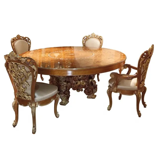 Imperial Luxury Style Wood Inlay Hand Made Furniture Dining Table Luxury With Carved Chairs