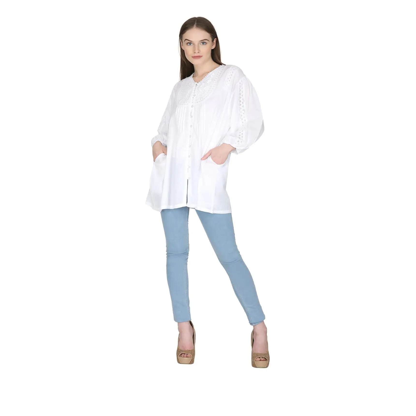 Chemisier blanc à manches longues pour femme, avec poche en dentelle, tenue tendance, fabrication en inde, 2020