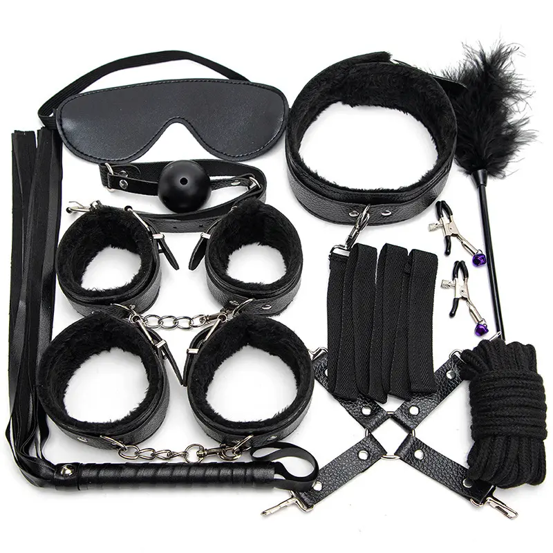 10PCS PU Black Lingerie LeatherランジェリーHarness Handcuffs Gag Ball Whip Clothes Fetish Restraints Bondage Sex Toys