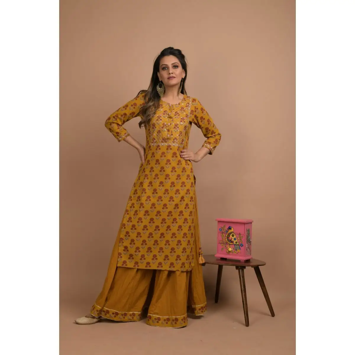 नवीनतम कपास सरसों पीला जातीय कुर्ता और शरारा सेट भारतीय शैली पोशाक