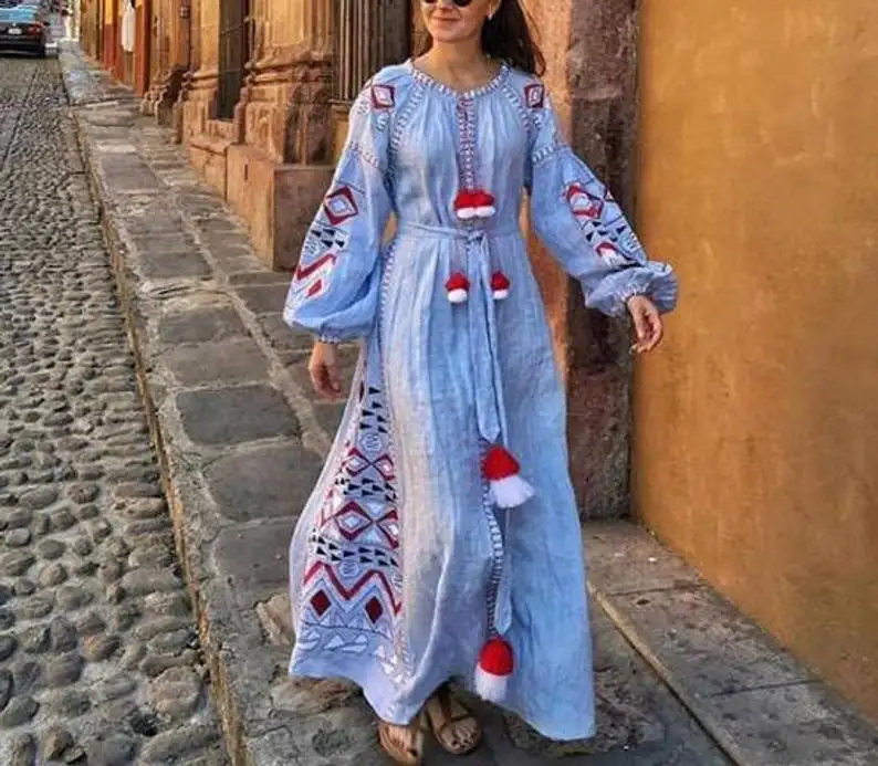 Exclusive Pretty Ukrainian Embroider Dress Lady Long Sleeves Latest Handmade Embroidery Long Sleeves Ukrainian Dresses