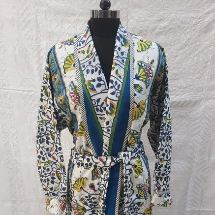Cotton Hand Block Printed Casual Quilted Reversible Kimonos for Bath Wear, Winter Unisex Floral Printed Cotton Bathrobes