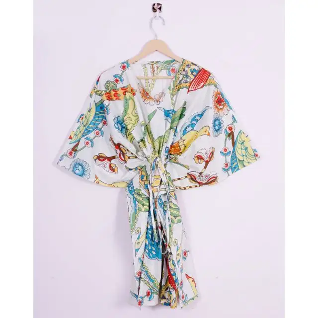 Bird Printed Pure Cotton Kaftan Shot Dress Cotton Light Weight Summer Wear Sleepwear Maxi Gown Plus Size Tunic Beach