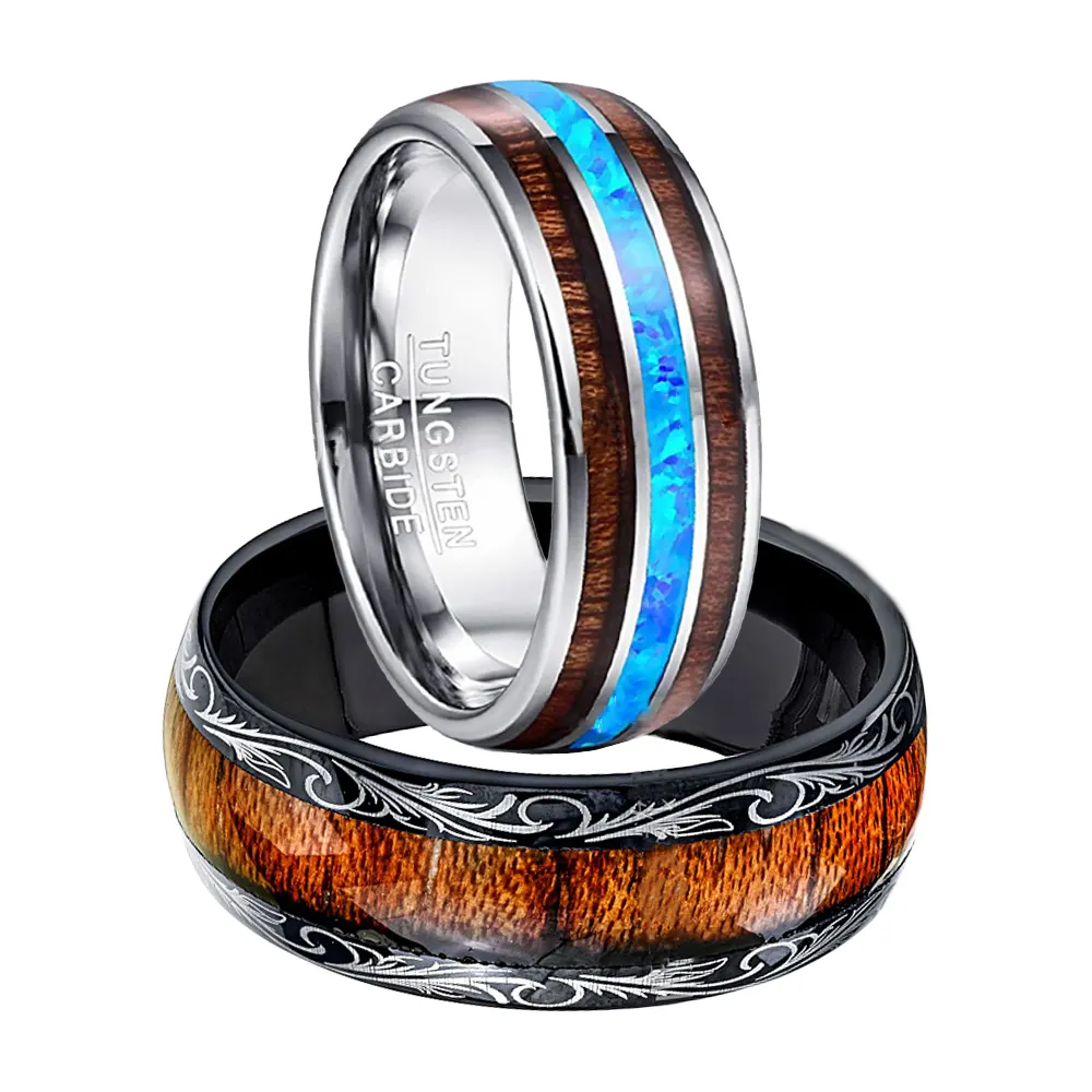 Energinox 8mm Nature Koa Wood Opal Inlay Comfort Fit anello in carburo di tungsteno per uomo
