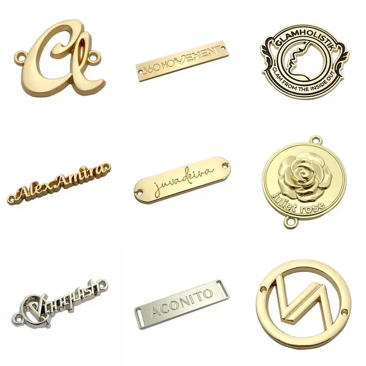 Nuovo marchio inciso logo oro etichette private maker etichette personalizzate per abbigliamento in metallo per il commercio all'ingrosso