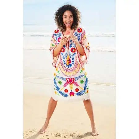 Robe courte traditionnelle en coton de style bohème pour femme, robe africaine, brodée, fleurs, tunique, vêtements de plage, vintage