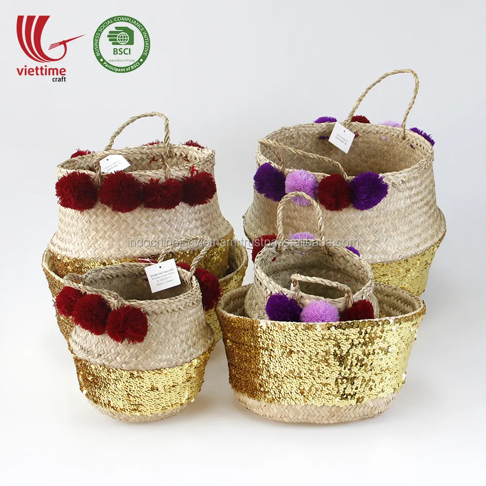 Nature Of seagrass belly basket, Yellow Sequin with Pompom seagrass storage basket wholesale made in Vietnam