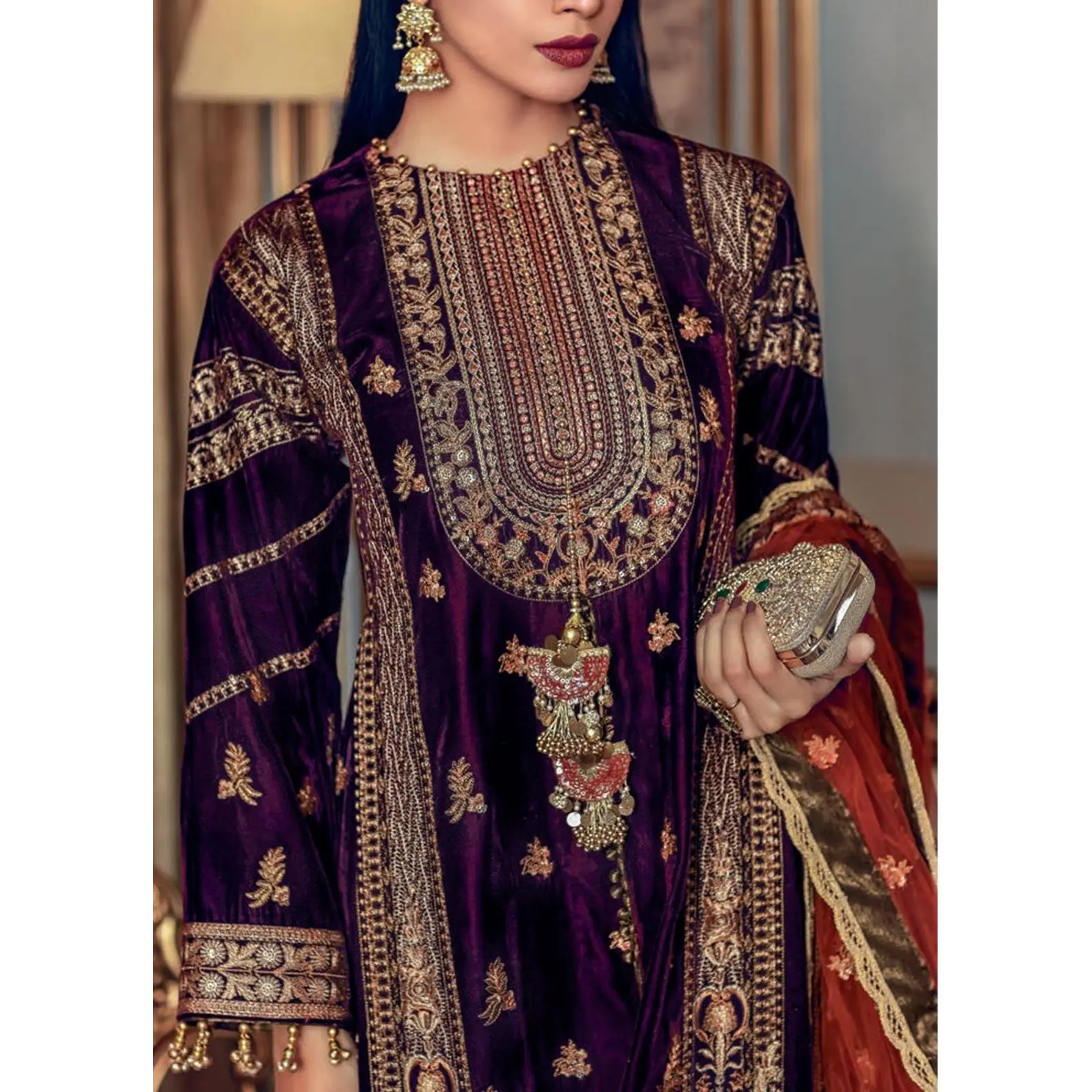 Winter velvet velour purple color party wear beautiful Pakistani Indian beautiful salwar kameez shalwar kurti long frock dress