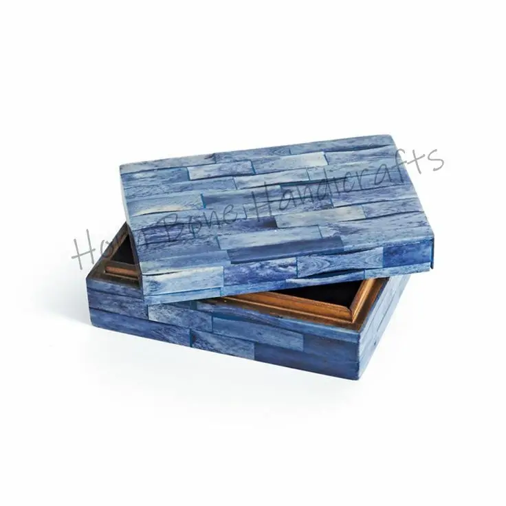 Scatola decorativa di alta qualità con intarsio di osso blu indaco scatola di gioielli rettangolare con intarsio di osso per la decorazione domestica di campagna rustica