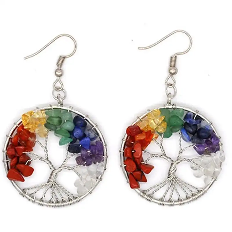 Vente en gros de collier naturel à sept chakras/boucle d'oreille arbre de vie avec puces: boucle d'oreille nouveau style: boucle d'oreille enroulée en fil: 7 chakra