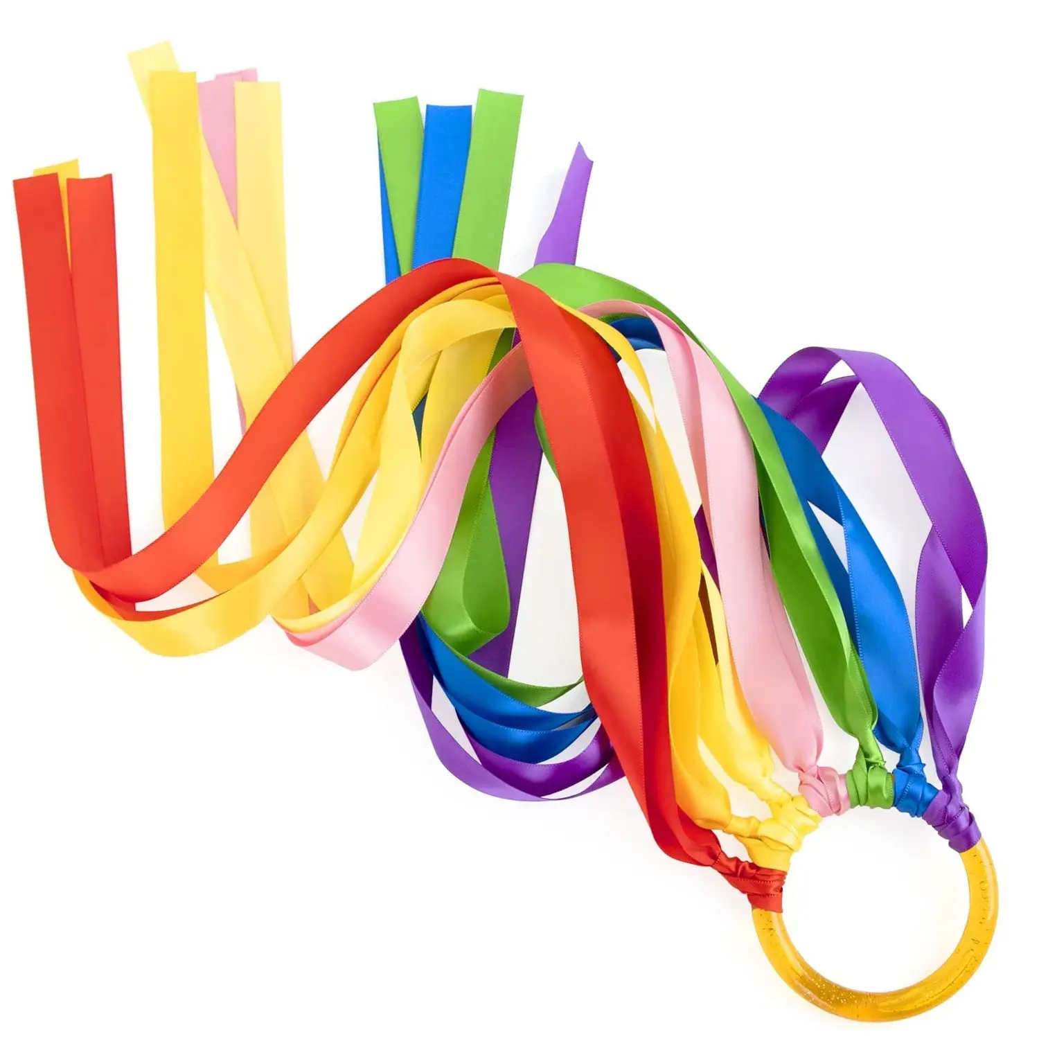 Anello da ballo con nastro per ginnastica ritmica con anello in plastica e nastri color arcobaleno in raso per danza e ginnastica