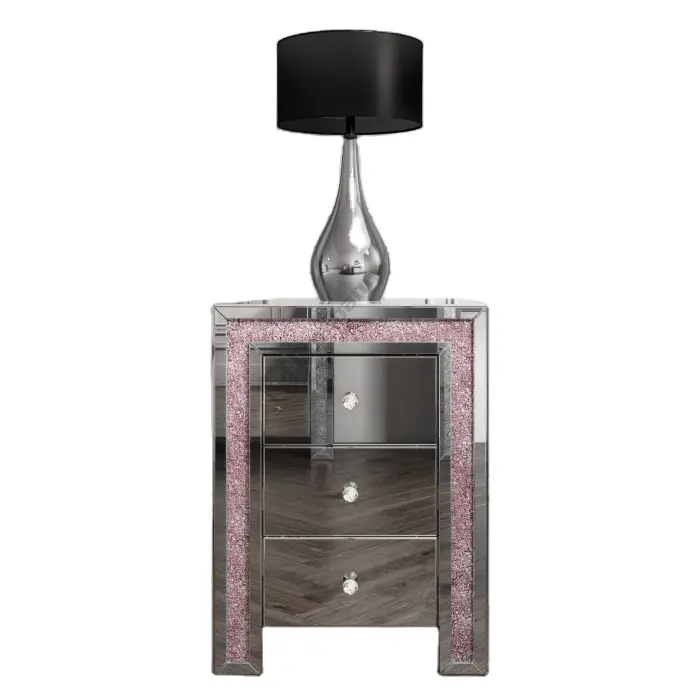 Зеркальная стеклянная тумбочка с 3 ящиками для спальни, розовая тумбочка с измельченными бриллиантами, прикроватный столик, блестящий белый