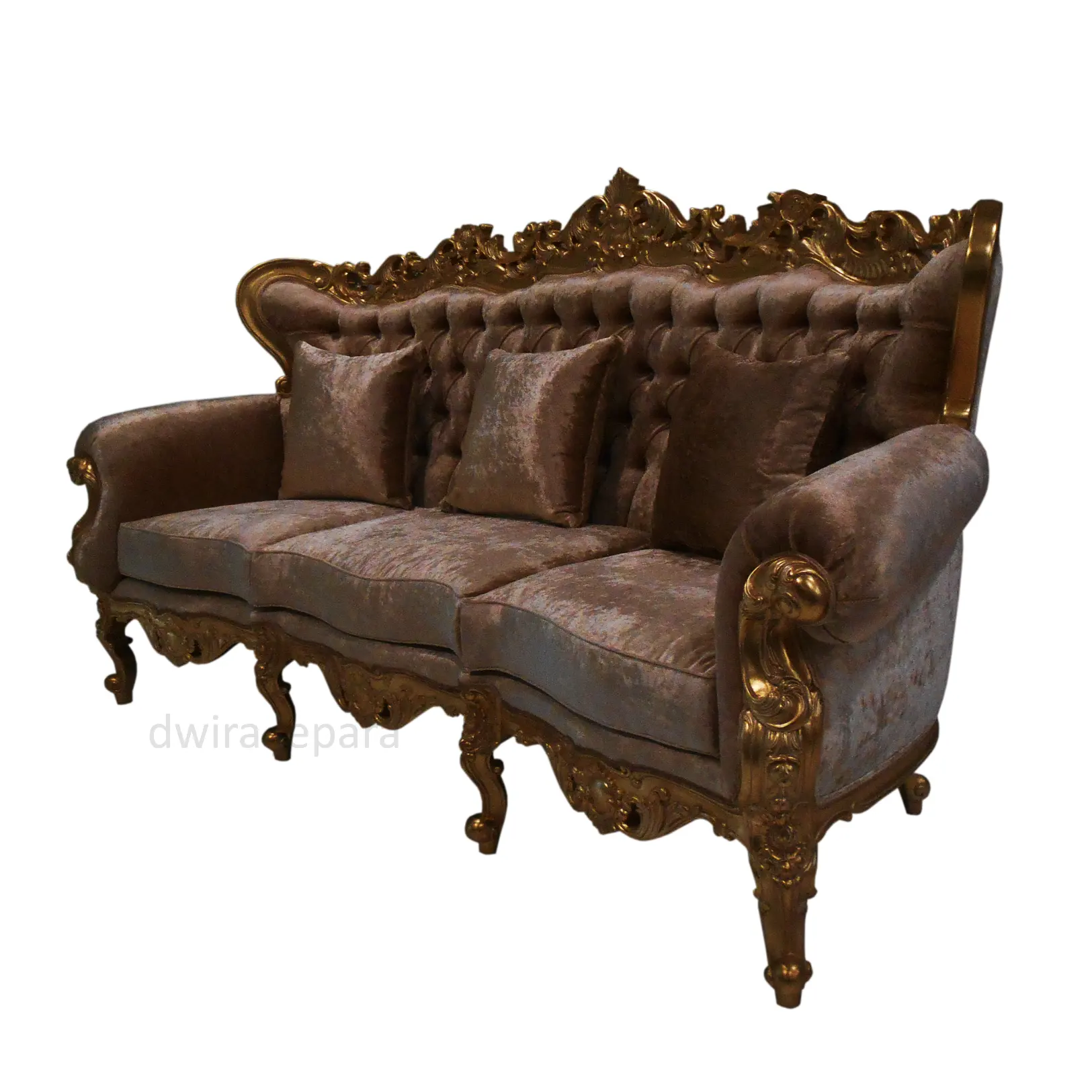 Muebles italianos de tres asientos, sofá clásico tallado pesado de madera, Color dorado, hoja