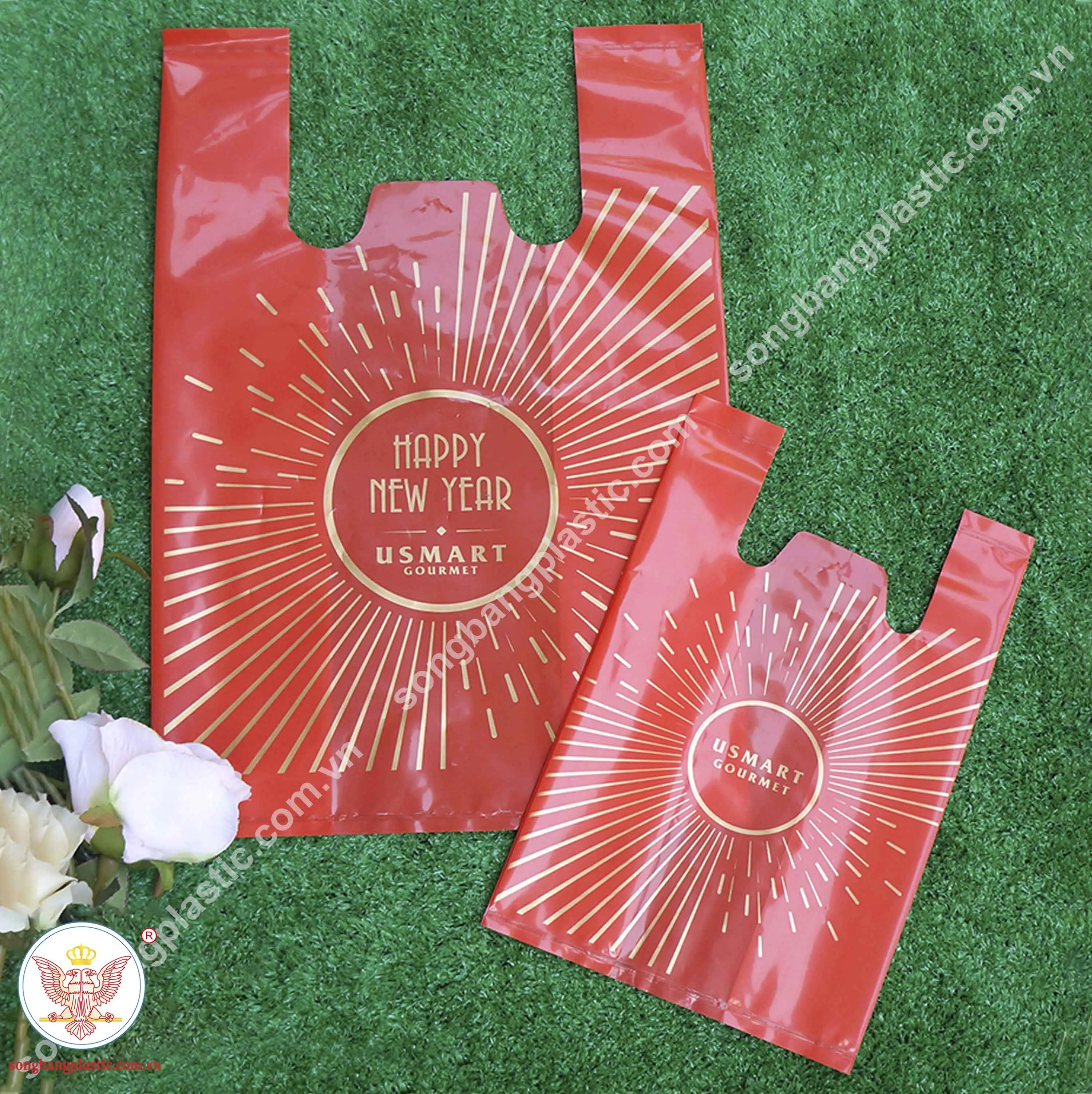 Bolsas de plástico con impresión personalizada para camisetas de Año Nuevo, bolsas de plástico reutilizables de Color rojo, bolsas de regalo