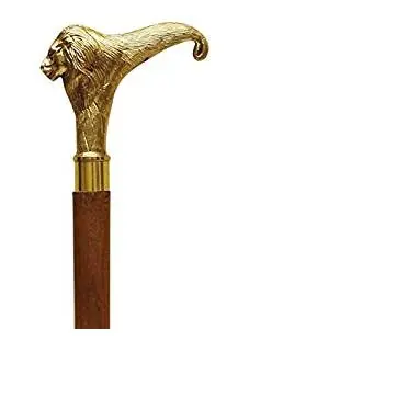 Bastón cabeza de león-oro antiguo latón manija de madera de caña