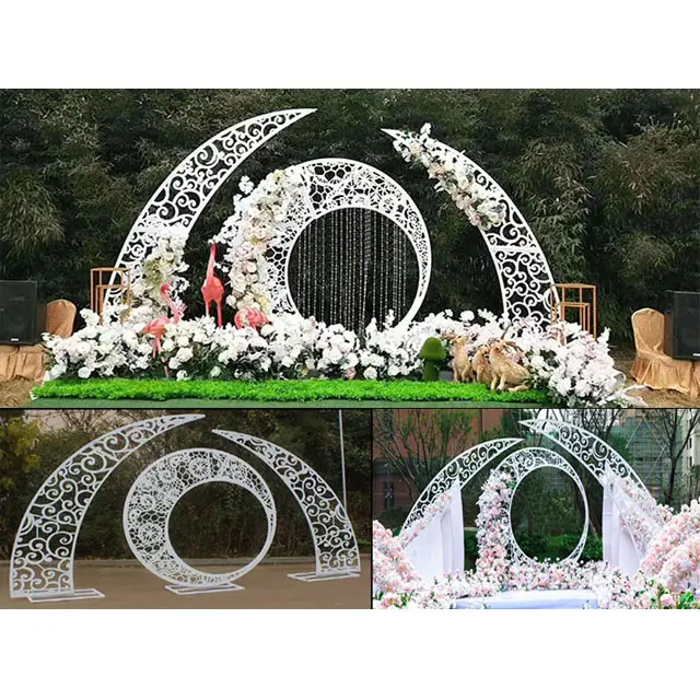 Diseñador de hierro forjado etapa arco fondo marfil boda escenario de hierro arco accesorios personalizar boda telón de fondo de arco