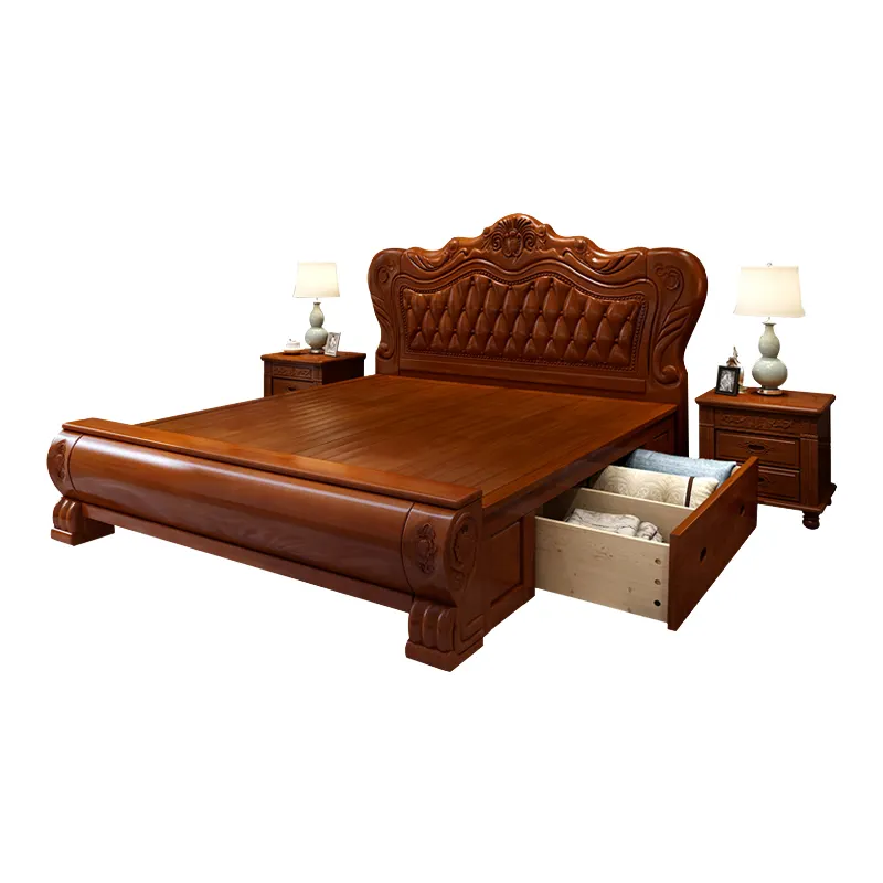 Camas dobles de madera maciza de estilo europeo, muebles de dormitorio con mesa lateral, cama King Size