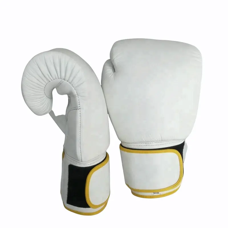 Luvas de boxe de couro branco genuíno molde feito à mão com fecho de pulseira de gancho e laço camadas