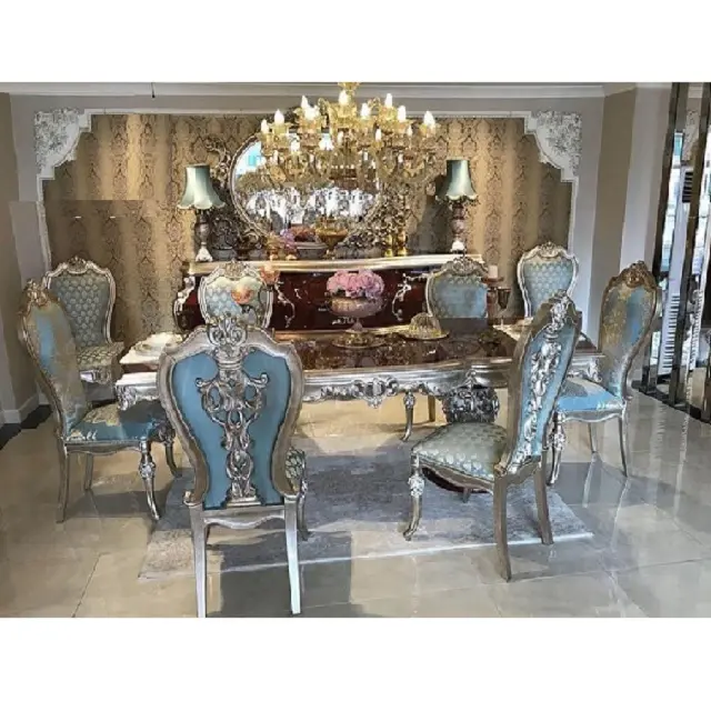 Muebles de comedor con acabado de plata real, mesa de comedor tallada a mano y sillas de 6 plazas, juego de mesa de comedor de lujo