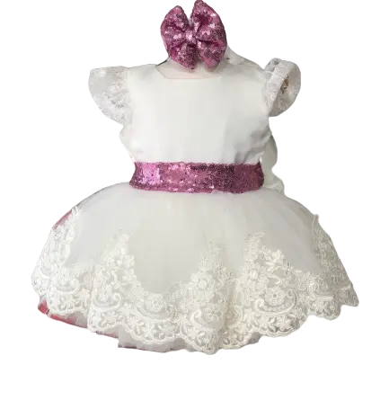 Vestidos personalizados para niña recién nacida, ropa de lujo moderna de alta calidad, encaje brillante, rosa y blanco, venta al por mayor, nuevo diseño