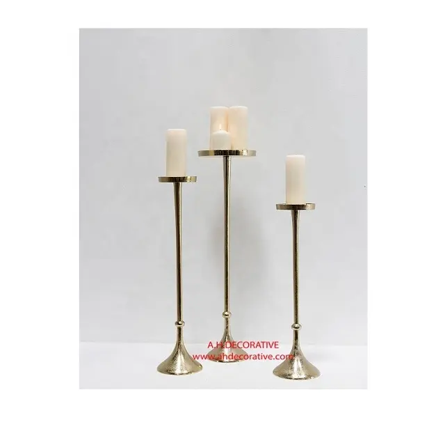 Juego de 3 soportes de vela de luz T de aluminio chapado en oro brillante para jardín de casa y Navidad decorados a mano