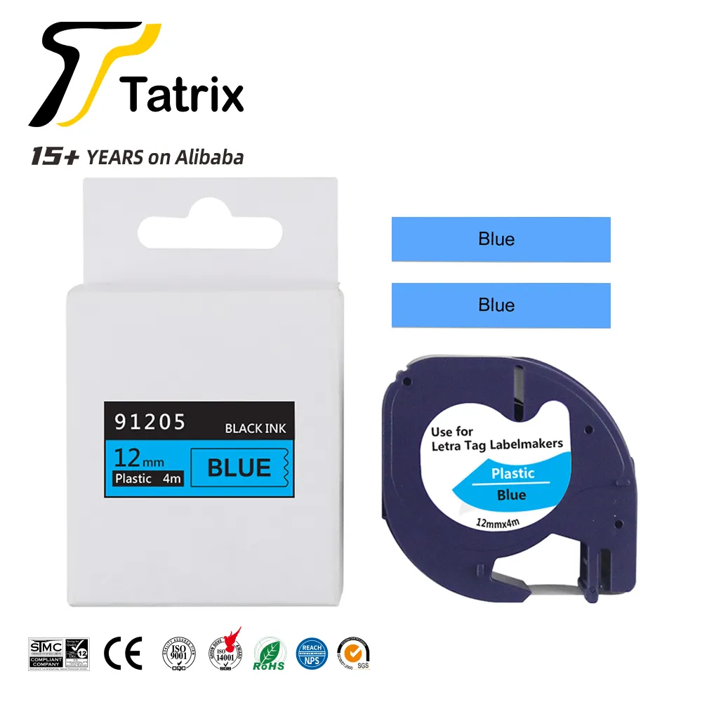 Tatrix 91205 पर 12mm काले ब्लू संगत चिपकने वाला थर्मल प्लास्टिक लेबल टेप 91205 DYMO LetraTag 100 टी के लिए प्रिंटर