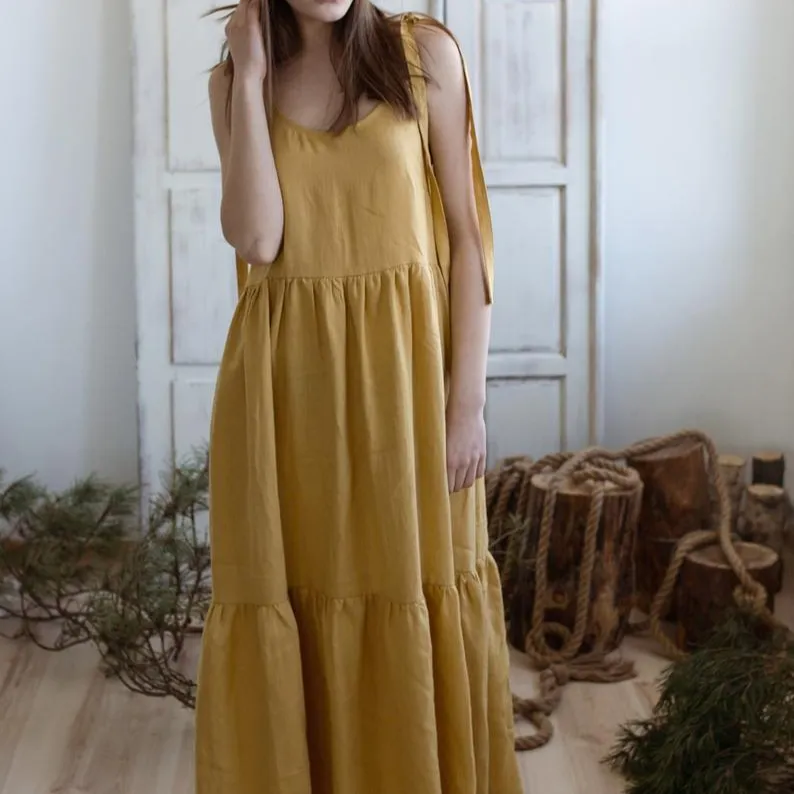 Vestido de linho feminino sem mangas, vestido longo tipo crepe com laço cor dourada