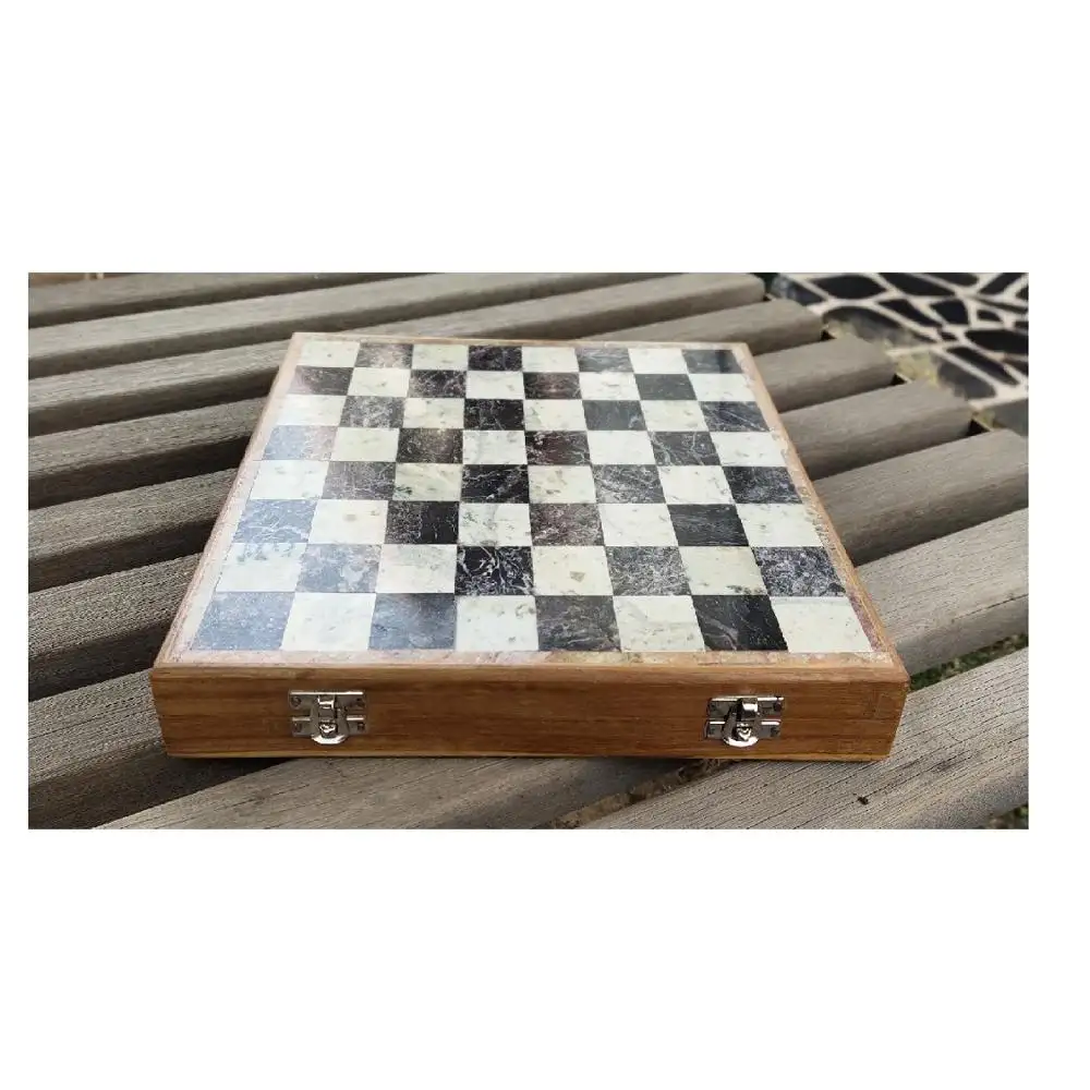 Jogo de xadrez de madeira e pedra, jogo de tabuleiro de madeira e pedra de luxo feito à mão indiano com peças de mármore, conjunto internacional de xadrez e mármore