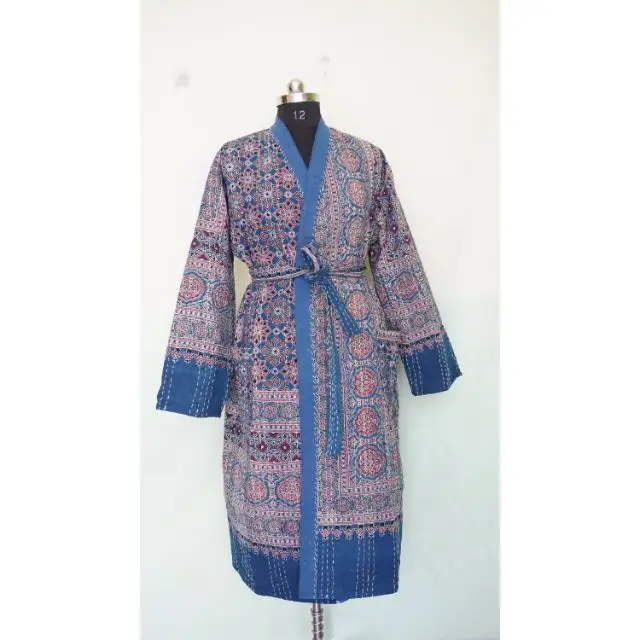 Abito Kantha cucito a mano, abito giacca in cotone trapuntato Kantha Kimono Beach Wear abito da bagno in cotone vestaglia Kimono stampato a mano