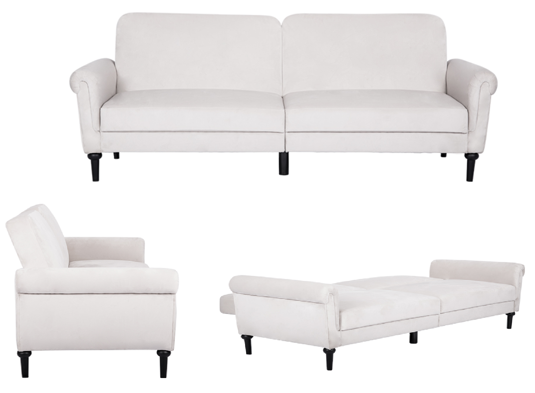 American Style  White Velvet Sofa bed Round Arm Designed Sofa Cum Bed 3 Seater Sofa Living Room Furniture