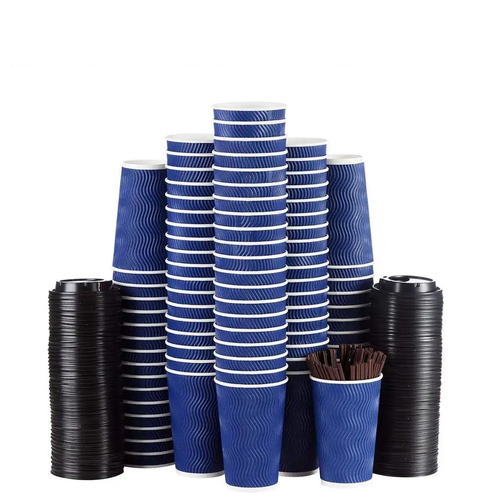 Xícaras de café de papel azul descartáveis, xícaras de papel azul para ir, bebidas quentes de 12oz de papel com tampas, 100 peças