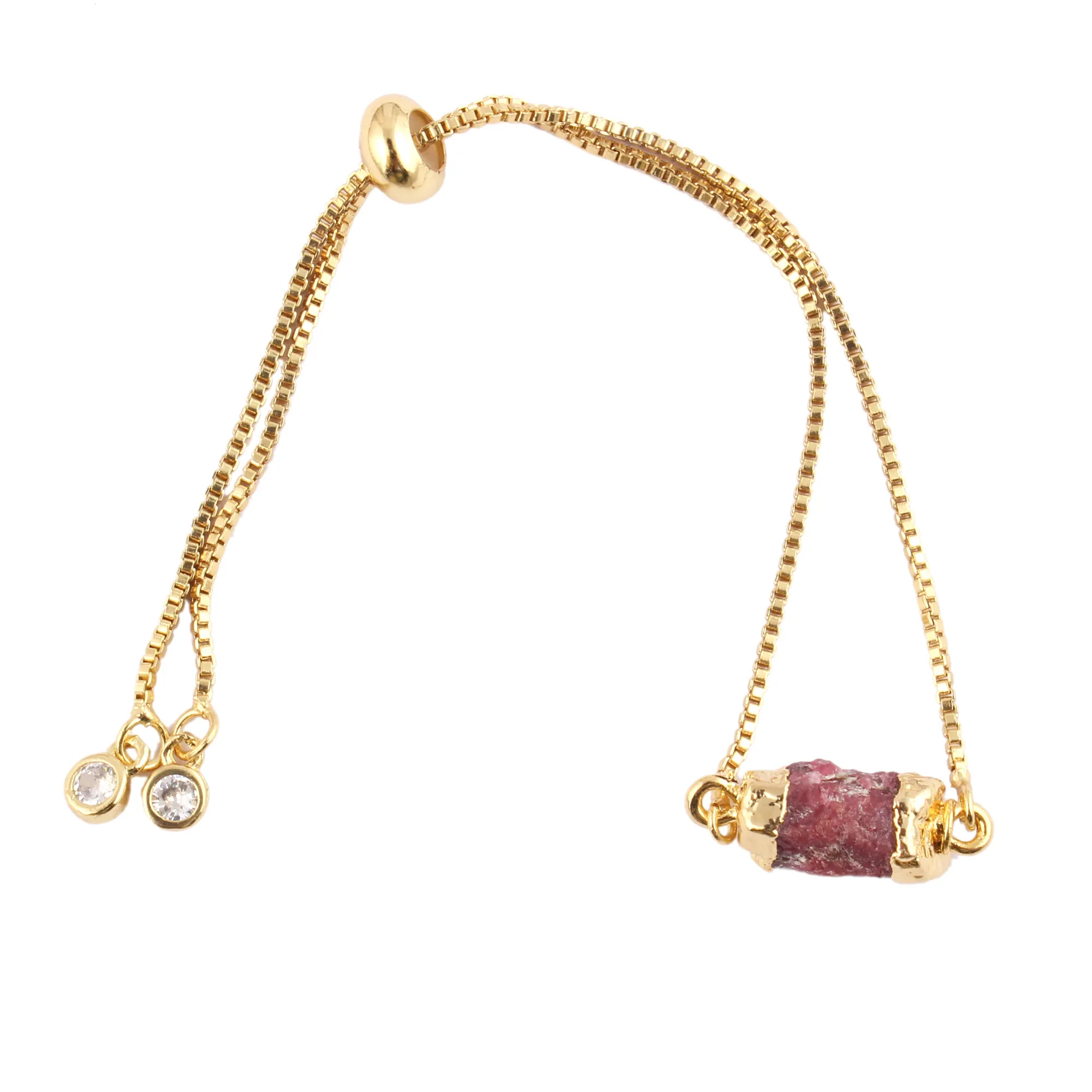Women's fine jewelry uneven natural rough ruby with zircon bracelet yellow gold plated chunky ball adjustable box chain bracelet
