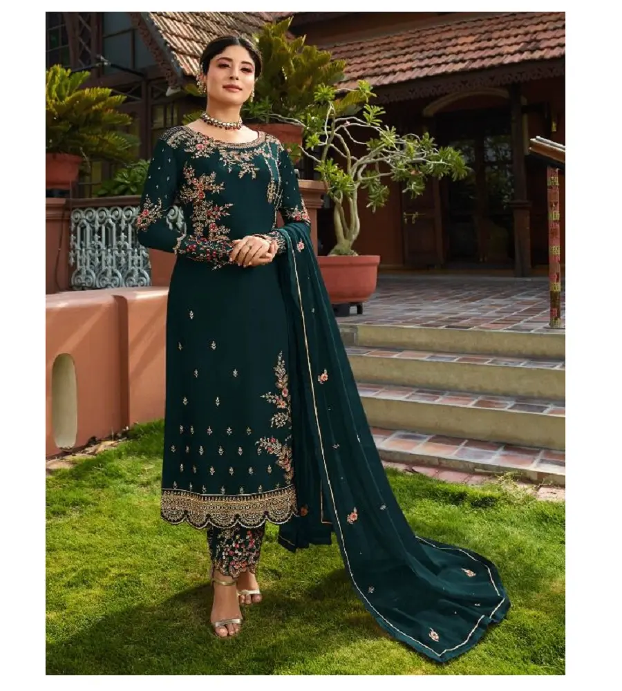Designer Salwar Kameez Suit Stone Dupatta Indian Wear ricamo da lavoro Georgette pakistano abbigliamento donna donna