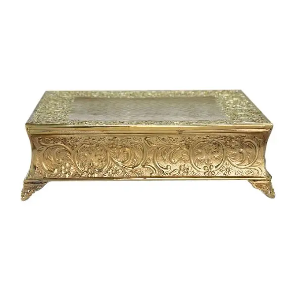 Soporte cuadrado dorado decorativo para pastel, soporte con diseño en relieve para Decoración de mesa de boda
