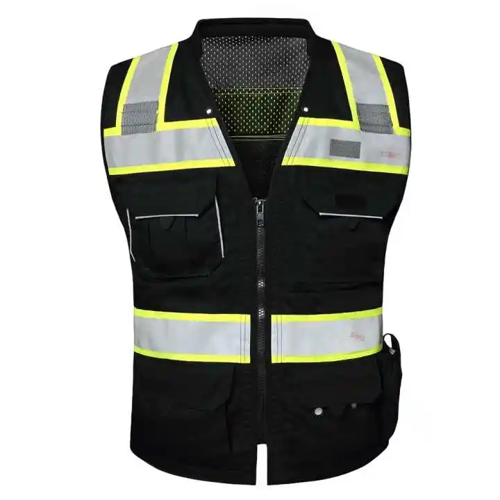 Gilet de sécurité réfléchissant noir personnalisé, Logo de société avec poches, couleur fluorescente, gilet de sécurité de classe 2