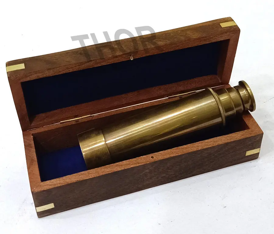 Telescopio de latón brillante con caja de madera, telescópico náutico dorado de 14 pulgadas